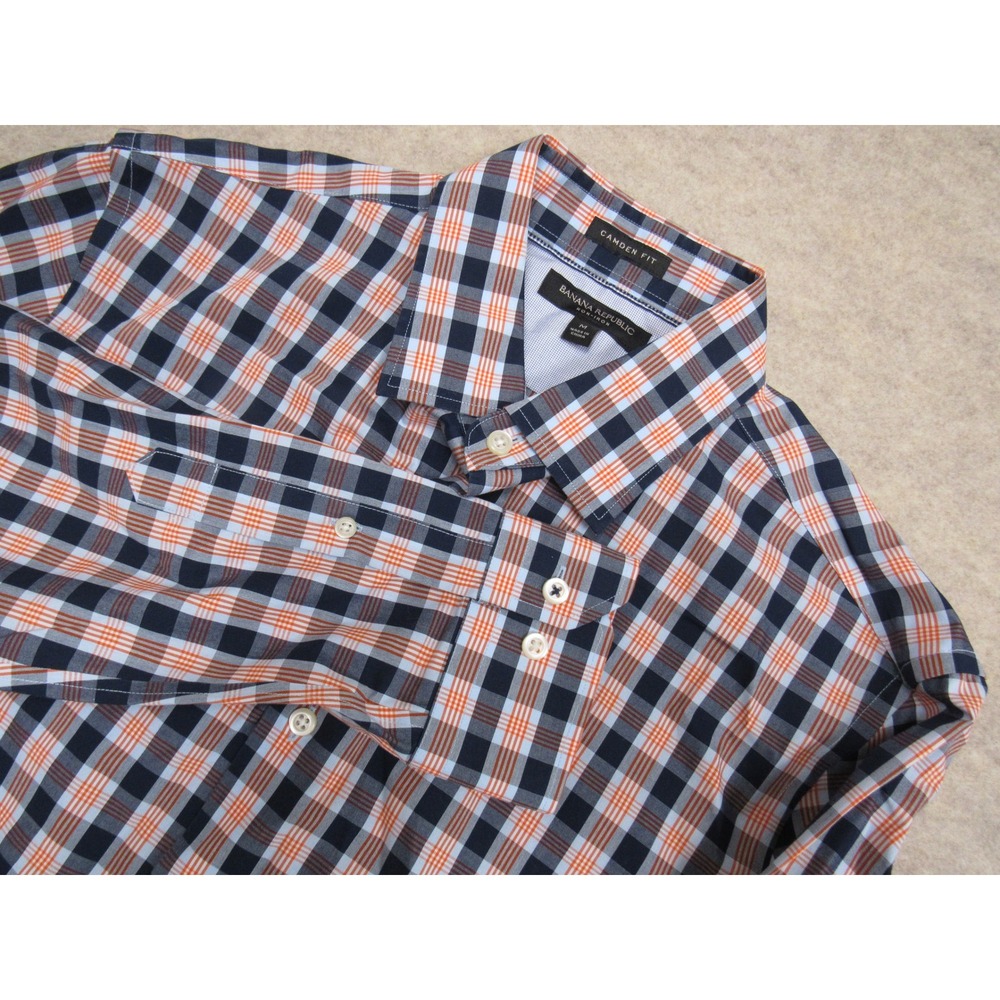 Banana Republic Camden Fit Non-Iron Plaid Shirt Mens Medium Navy Orange S/302674